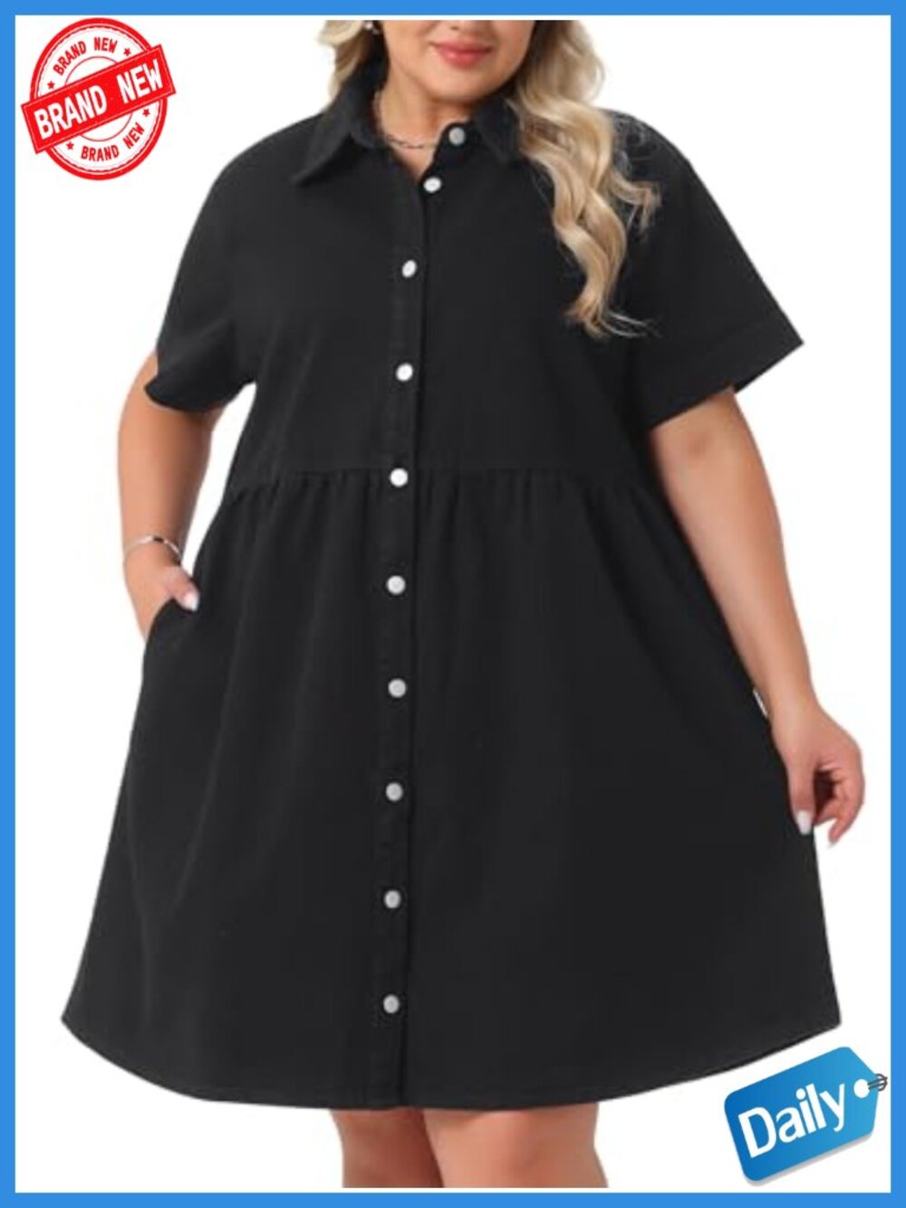 Plus Size Denim Babydoll Dress Button Down Short Sleeve Midi with Pockets